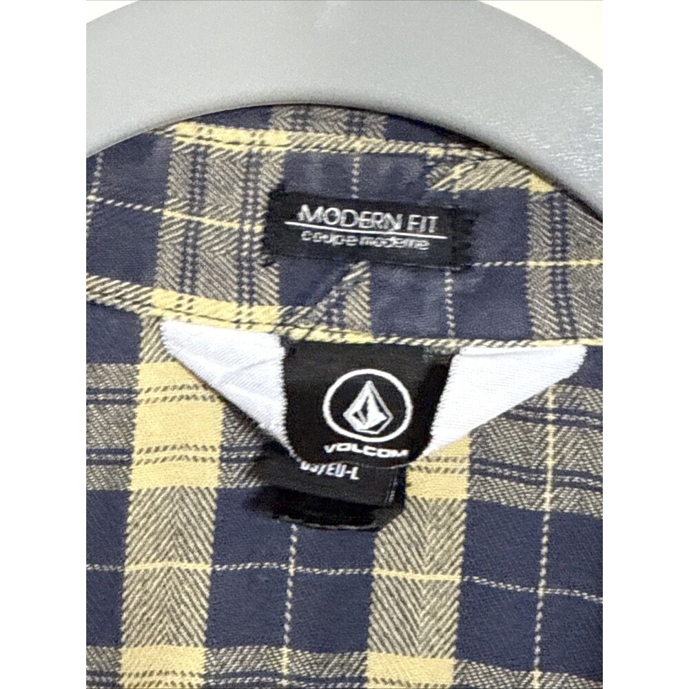Volcom Cotton Shirt Mens Plaid Modern Fit Button Up Pocket Large Yellow & Blue - Picture 5 of 11